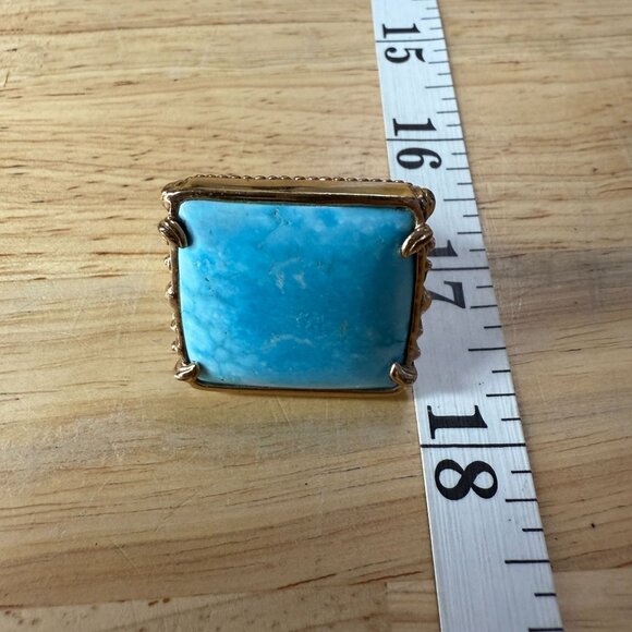 Large Turquoise Blue Square Stone Ring Size 8 With Ornate Gold-Toned Band Vintag - Picture 8 of 12